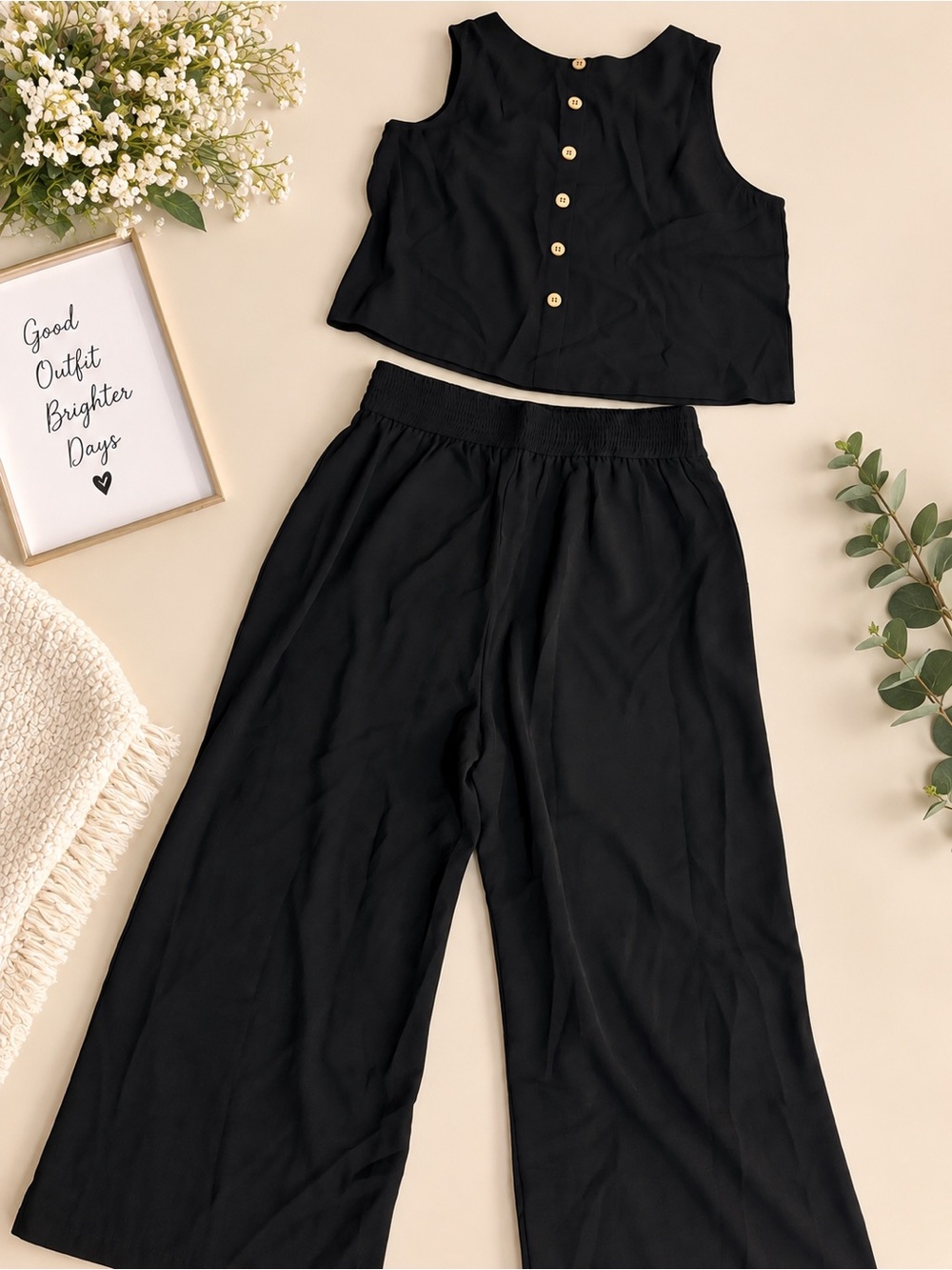 Women's Black Wide-Leg Pants & Crop Top Set